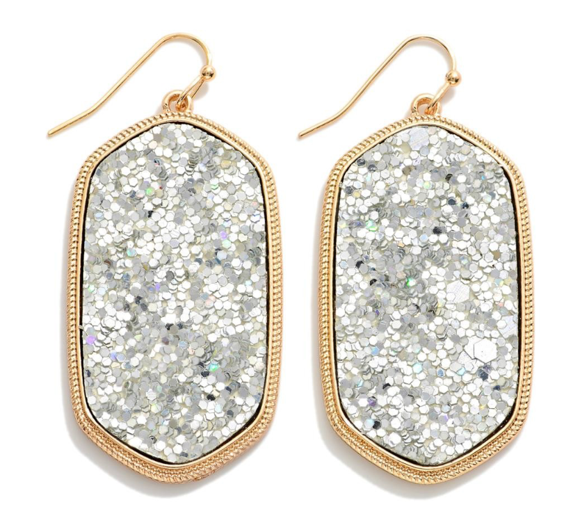 Silver Glitter Hexagon Drop Earrings