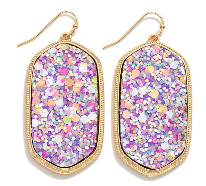 Purple Glitter Hexagon Drop Earrings