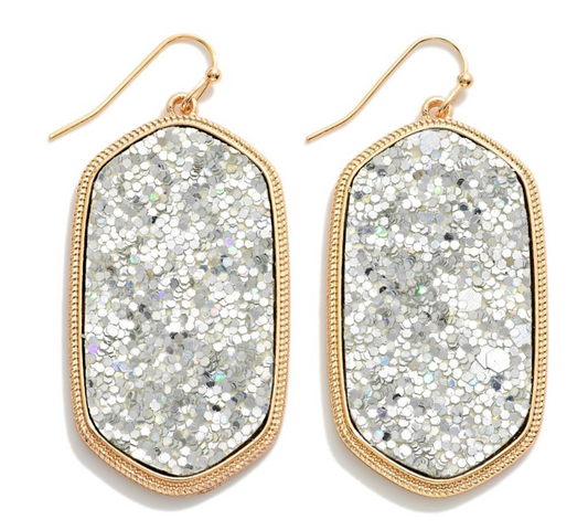 Silver Glitter Hexagon Drop Earrings