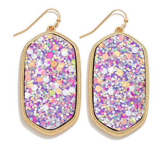 Purple Glitter Hexagon Drop Earrings