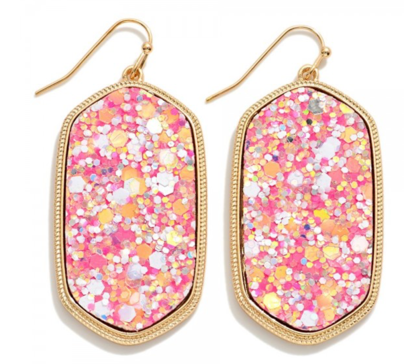 Pink Glitter Hexagon Drop Earrings