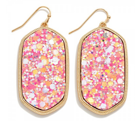 Pink Glitter Hexagon Drop Earrings